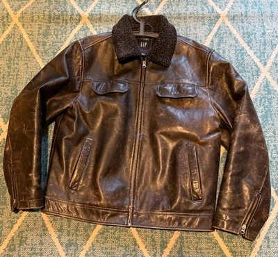 Vintage Y2K Gap dark brown leather shearling jacket Size large 46” mens - Image 1 of 4