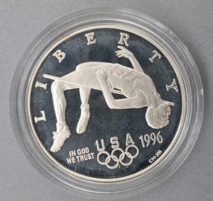 1996 P Atlanta Olympics High Jump Silver Proof Commemorative Dollar Uncirculated - Picture 1 of 2