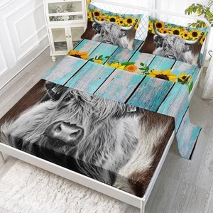 Highland Cow Flower Fitted Sheet Queen Size,Bull Cattle Sheets Set,Western Fu... - Picture 1 of 8