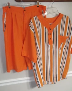 Vintage 90s Billion Bay NY Orange Striped Rayon/Poly Shirt Shorts Set Size M EUC - Picture 1 of 8