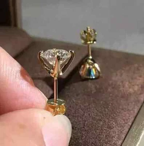 3Ct Round Cut Moissanite Women's Solitaire Stud Earrings 14K Yellow Gold Plated - Picture 1 of 4