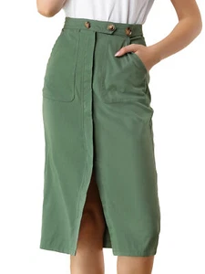 Allegra K Women's High Waist Front Slit Button Decor Midi Pencil Skirt - Picture 1 of 7