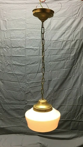 Antique 12" Schoolhouse Bank Ceiling Light Milk Glass Globe VTG Metal 185-22B Cover