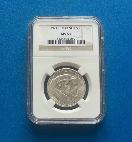 1924 HUGUENOT COMMEMORATIVE HALF DOLLAR NGC MS 63 Cover