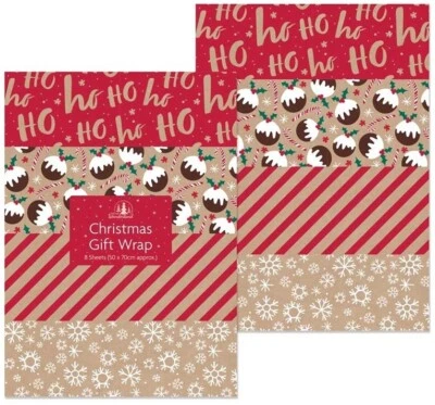 Christmas Gift Wrapping Paper Mix Festive Traditional Each 50cm x 70cm 8 Sheets