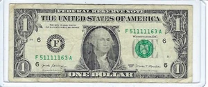 $1 one Fancy dollar bill SOLID 5 of a kind 1s F51111163A LOW SUM (19) RARE COOL! - Picture 1 of 3