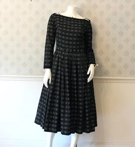 Vintage 1950s Black and White Checkered Long Sleeve Swing Skirt Dress - Picture 1 of 9