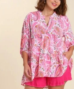 Umgee Blouse Size Small Hi Low Hem 3/4 Sleeves Pink Floral Paisley - Picture 1 of 7