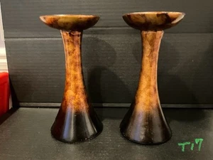 15" Porcelain Pillar Candle/Plant Stands, Burnt Gold, Abstract Floral Pattern - Picture 1 of 1