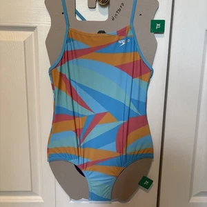Speedo Youth Girls One Piece Swimsuit Aqua Blue Multi Sz XL (18/20) UPF 50+ New - Picture 1 of 5