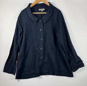 Flax Linen Button Front Jacket Womens Medium Blue Collared Long Sleeve Textured - Picture 1 of 13