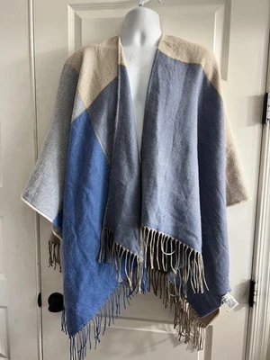Uniqlo Poncho Stole Cardigan Women Blue Colorblock Fringe Boho 100% Acrylic OS - Image 1 of 4