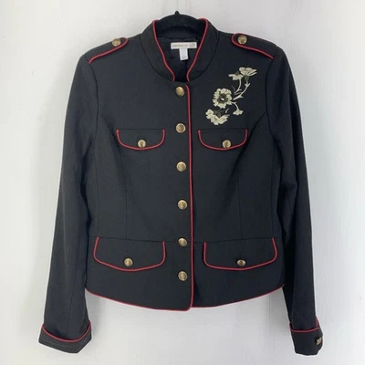 Blazer militar vintage botões dourados vermelho tubulação bordado floral academia pequeno - Imagem 1 de 4