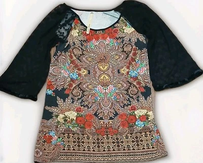ANTHROPOLOGIE Uncle Frank Geometric Boho Tunic 3/4 Lace Black Sleeve Medium EUC - Image 1 of 4