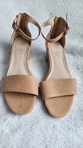 Eileen Fisher Mara Tumbled Leather Wedge Sandal Size 6.5 in Honey Ankle Strap - Picture 1 of 7