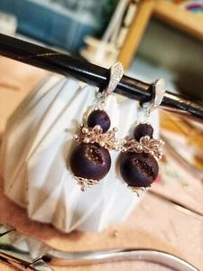 Natural agateDruzy 925 Sterling Silver Earrings - Picture 1 of 7