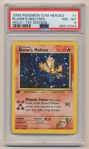 PSA 8 Pokemon Gym Heroes 1a Edizione Holo Rare Blaine's Moltres 1/132 NM/MINT!! - Foto 1 di 2
