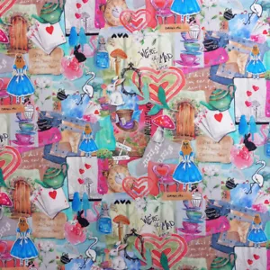 100% Cotton Fabric Nutex Alice In Wonderland Collage Tea Party Story 112cm Wide - Picture 1 of 3