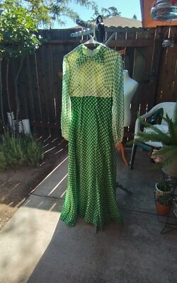 Vestido Grunge Boho Hippie Vintage Cintura Imperio Verde Crema Manga Larga Talla Pequeña Foto 1 de 4