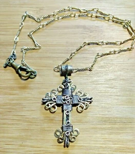 Medieval Cross Necklace Pendant on Gold Chain Brass Artisan Vintage Christianity - Picture 1 of 10