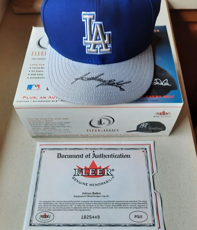 2001 Fleer Legacy Hof Adrian Beltre Gorra firmada automáticamente Sombrero de los Dodogers con certificado de autenticidad Fleer Foto 1 de 4