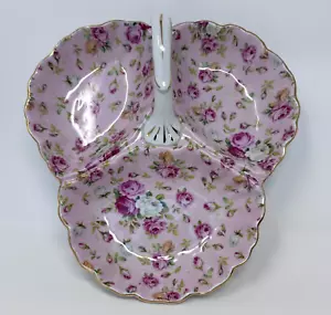 Royal Danube 3 Compartment Pink Rose Chinz Serving Dish Handle Gold Trim - Picture 1 of 10