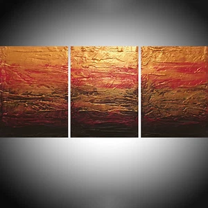 Acryl Gemälde Leinwand Triptychon Künstler Abstrakt 3 Tafeln Kunstwerk Gold Rot - Bild 1 von 3