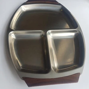 Dinamarca Bandeja de Servicio Inoxidable Mediados de Siglo Mango Teca Vintage 38cm Danés MCM - Imagen 1 de 15