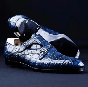 Men Handmade Leather Shoes Crocodile Pattern Double Monk Formal Dress Shoe - Bild 1 von 5