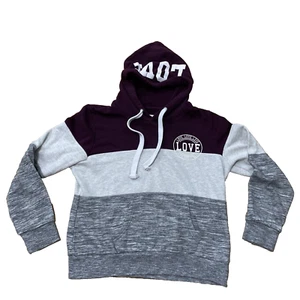 REFLEX LOVE Logo Hoodie Womens S Gray Maroon Colorblock Warm Sweatshirt Pullover - Picture 1 of 22