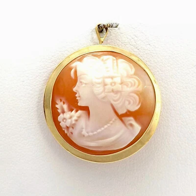 Pingente broche camafeu redondo esculpido em ouro 18k sólido flora Itália vintage - Imagem 1 de 4