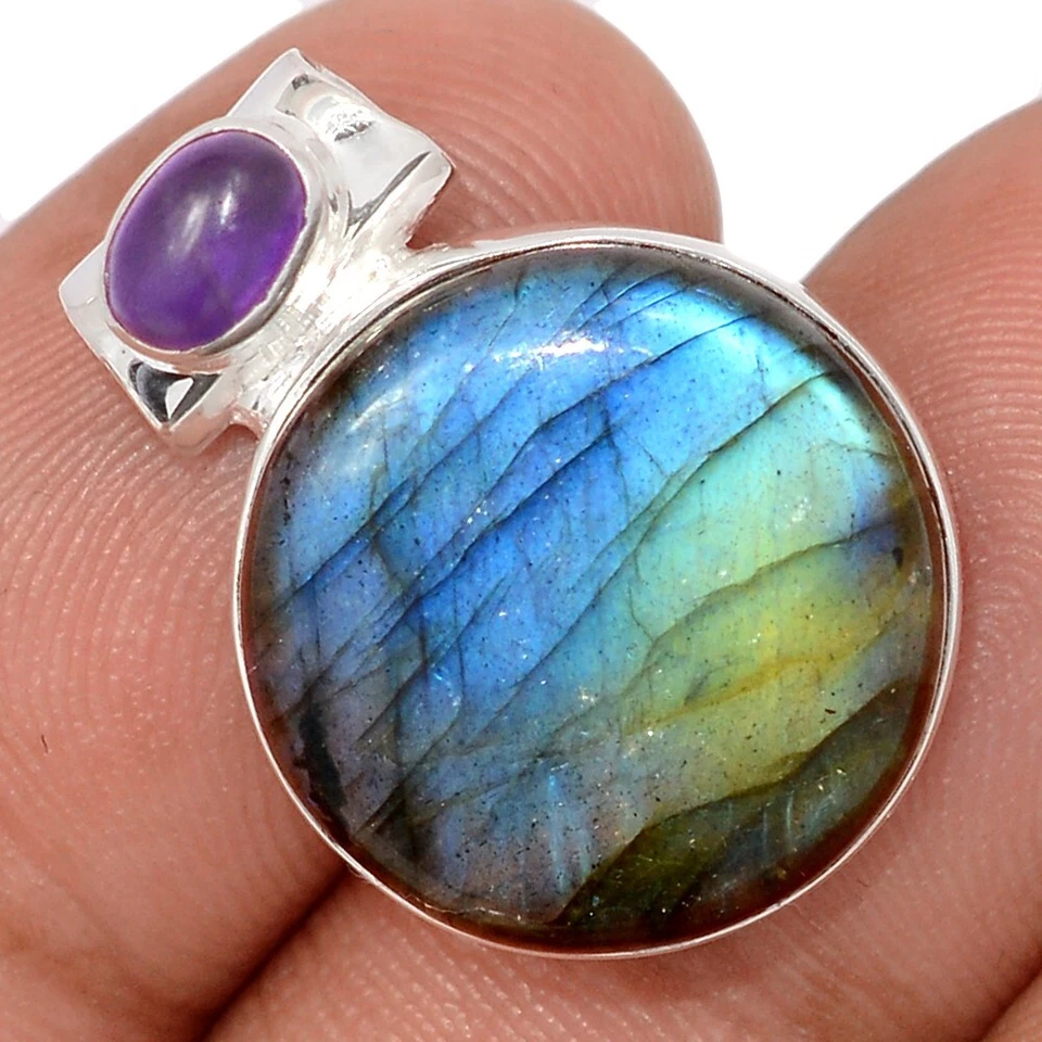Natural Multi Fire Labradorite & Amethyst 925 Silver Pendant Jewelry CP72711 - Image 1 of 1