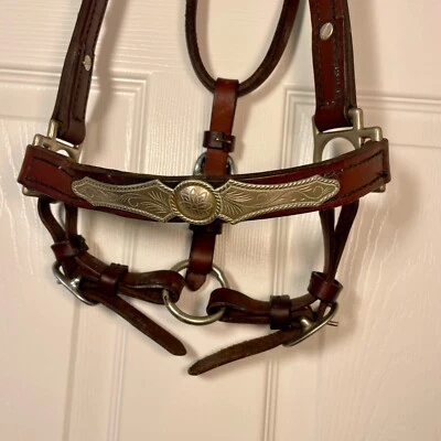 Vintage Horse/Cob 1”Leather Western Show Halter Silver Tone Accents Adjustable - Image 1 of 4