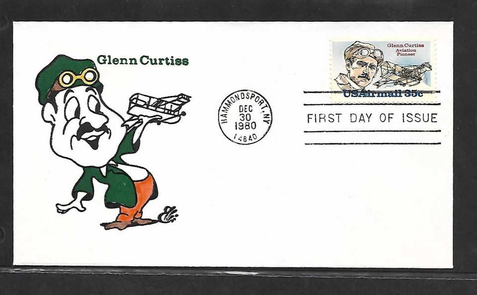 USA HAND PAINTED GLENN CURTISS 1980 RICH ELLIS ANIMATED FIRST DAY COVER + CACHET - Image 1 of 1