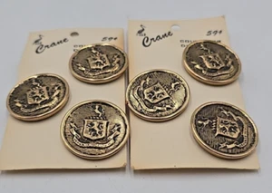 2 Vintage Crane Brand Spectemur Agendo Lion Crest Gold Tone Buttons New W/ Clips - Picture 1 of 8