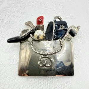 Vtg St. John Silver Tone Enamel Tote Bag Shopping Bag Faux Pearl Brooch Black - Picture 1 of 6