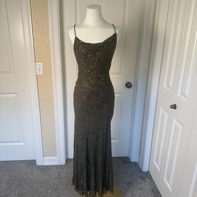 Vestido Sue Wong Nocturne Y2K Lentejuelas Cuentas Talla 2 Seda Verde Oliva De Colección Foto 1 de 4