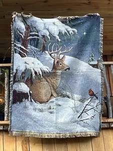 Deer with Cardinal in the Snow Throw Blanket Beautiful 45" x 60" - Picture 1 of 3