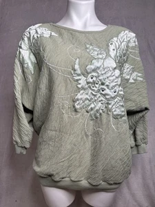 Camicetta Rafael floreale L verde impreziosita goffratura girocollo manica 3/4 top vintage - Foto 1 di 6