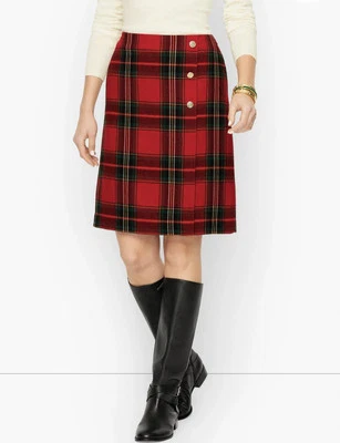 Talbots Size 10P Plaid Wool Blend A-line Skirt Holiday Red Green Gold Buttons - Image 1 of 4