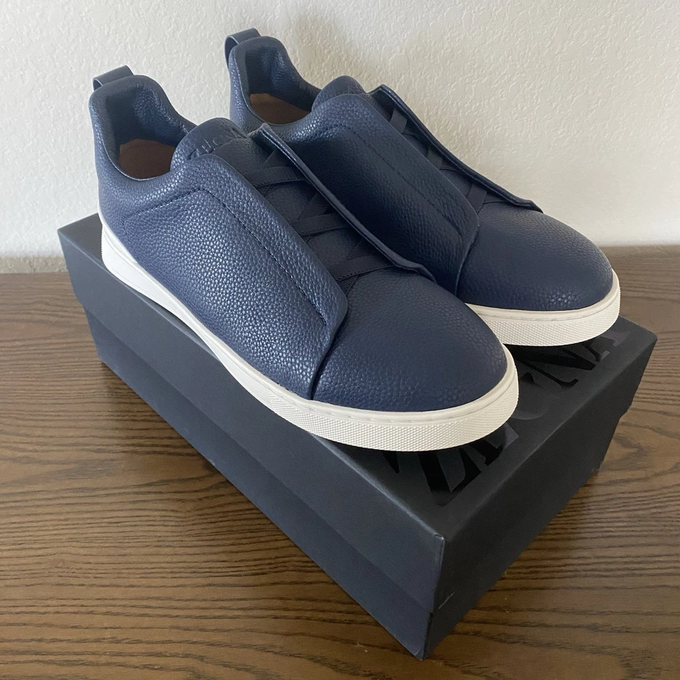 Zapatilla deportiva Zegna Triple Stitch de cuero azul marino para hombre talla EU 45/US 12 Foto 1 de 4