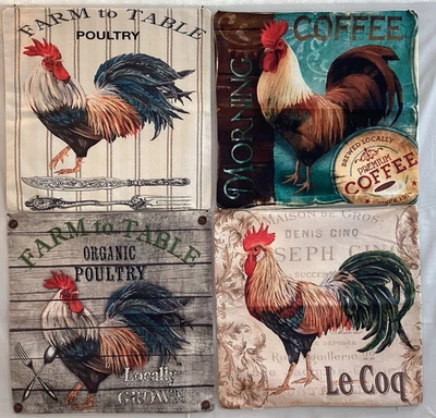 4 Chicken-Themed Pillow Covers 18"x18" Linen Farmhouse Rooster Cotton Set Square - Image 1 of 4
