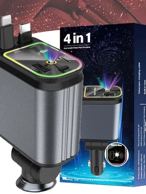 Cargador de Coche Retráctil 120W 4 en 1 Cargador de Teléfono de Coche Rápido con Cable USB Tipo C Foto 1 de 4