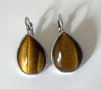 Lia Sophia Genuine Tiger Eye Stone Tear Drop Earrings in Silver tone metal - Image 1 of 4