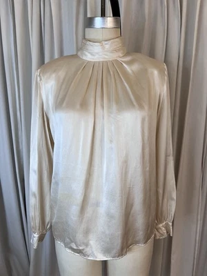 Jane Justin 复古 30 年代奶油色丝绸高衬领秘书衬衫 10 — 第 1/4 张图片