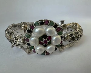 Unique 925 Sterling Silver Pearl, Ruby, Emerald, Sapphire gems with Tigers - Picture 1 of 11