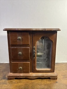 Vintage 8.5" Wooden Jewelery Armoire Etched Glass Door With Mirror And Drawers - Picture 1 of 6