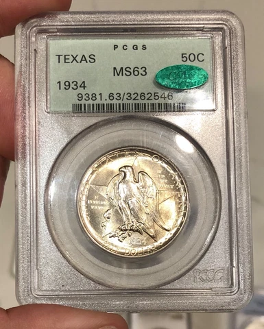 1934 Texas Commemorative Half Dollar graded MS63 by PCGS CAC Old Green Holder Cover