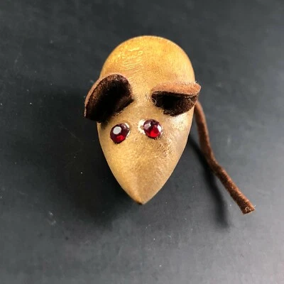 Vintage Mid Century Modern Wooden Mouse Pin Brooch Rhinestone Eyes Leather  - Image 1 of 4