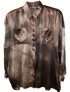 Vintage Linalee Beverly Hills Brown Satin Button-Up Shirt With Chest Pockets - Picture 1 of 18